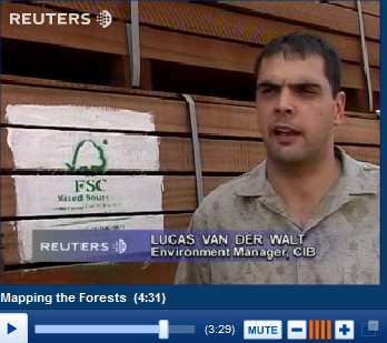 Mixed sources: Lucas van der Walt of CIB was captured in this Reuters video standing by a pile of CIB wood clearly labelled as coming from 'Mixed Sources'.