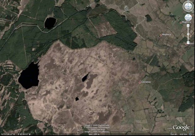 Seen from space: former Coillte plantation 'sustainably' clear-felled for re-development as a windfarm, with no planning permission, Loch Ea, County Clare, as certified by Soil Association WoodMark